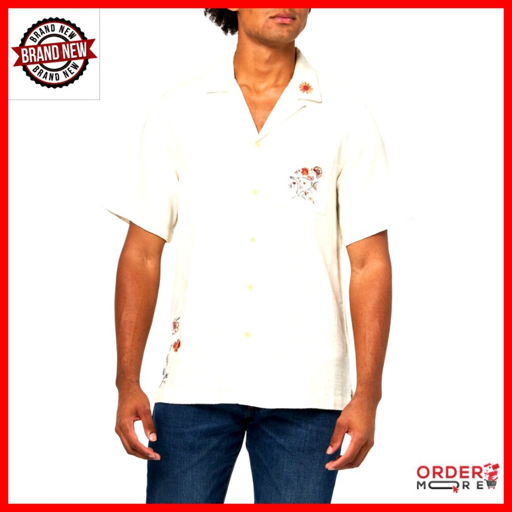 Men's Embroidered Camp Collar Cotton Shirt Classic Fit Short Sleeve